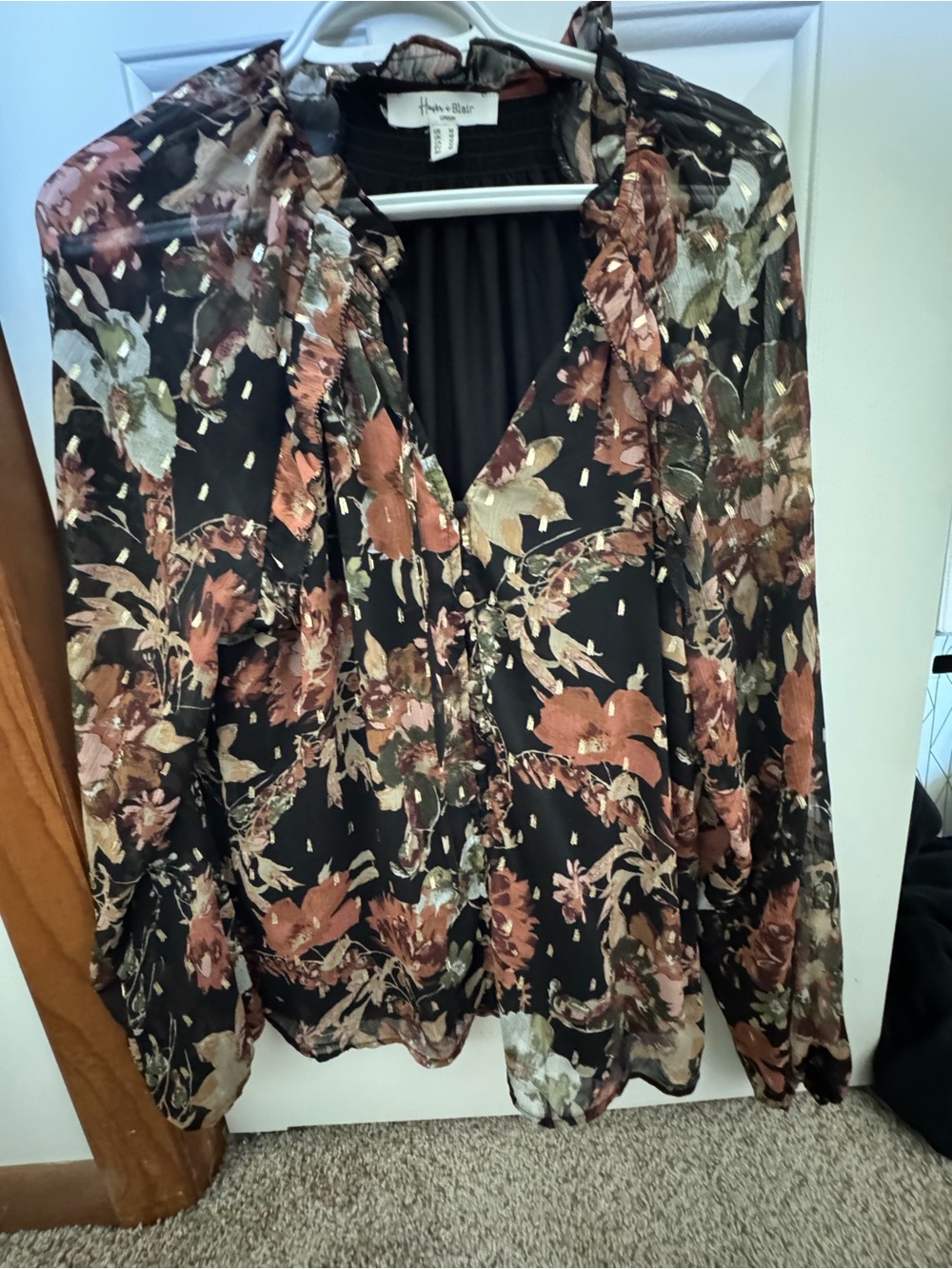 Black Floral Satin Blouse - Rust & Olive Floral